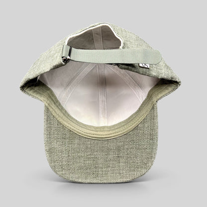 Raree Finds sage green Angelico Italian linen strapback cap with adjustable fabric strap and metal hardware