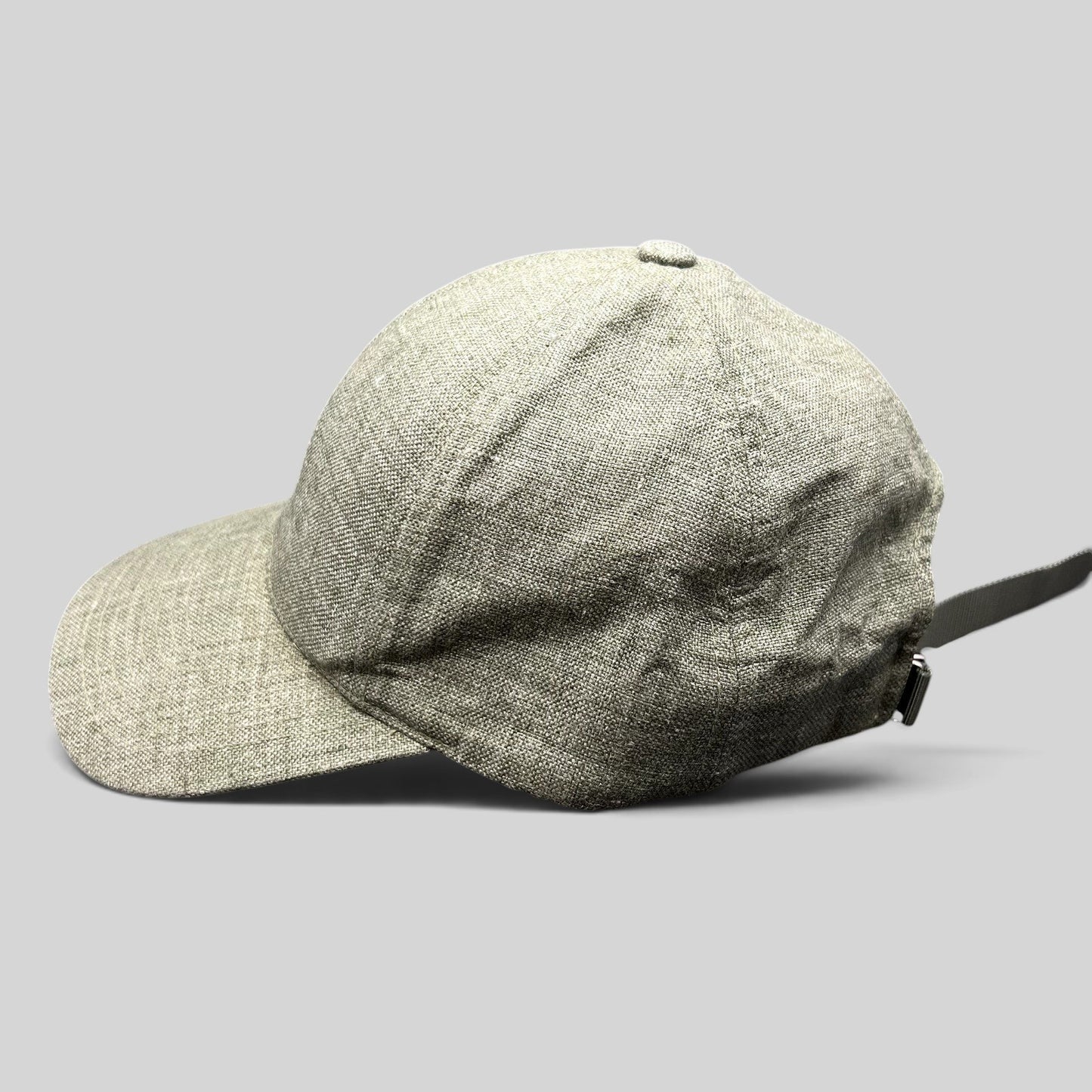 Raree Finds sage green Angelico Italian linen strapback cap with an unstructured profile and metal hardware