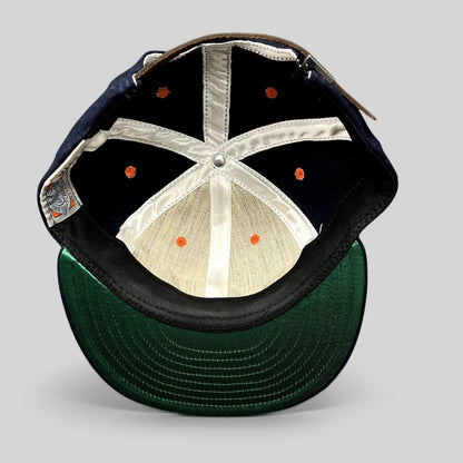 Raree Finds San Francisco Seals wool strapback hat interior showing satin taping, green undervisor, and leather strap