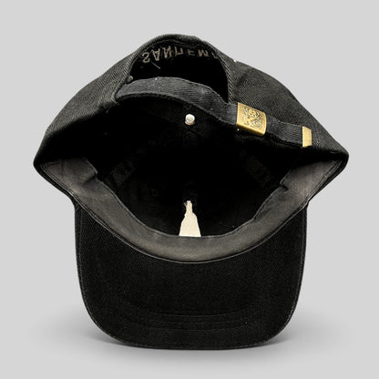 Raree Finds vintage 1990s Sandeman Port Wine black cotton dad cap showing the interior and brass buckle strapback