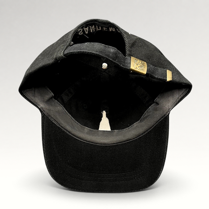 Raree Finds vintage 1990s Sandeman Port Wine black cotton strapback hat with brass buckle and KC Caps branding