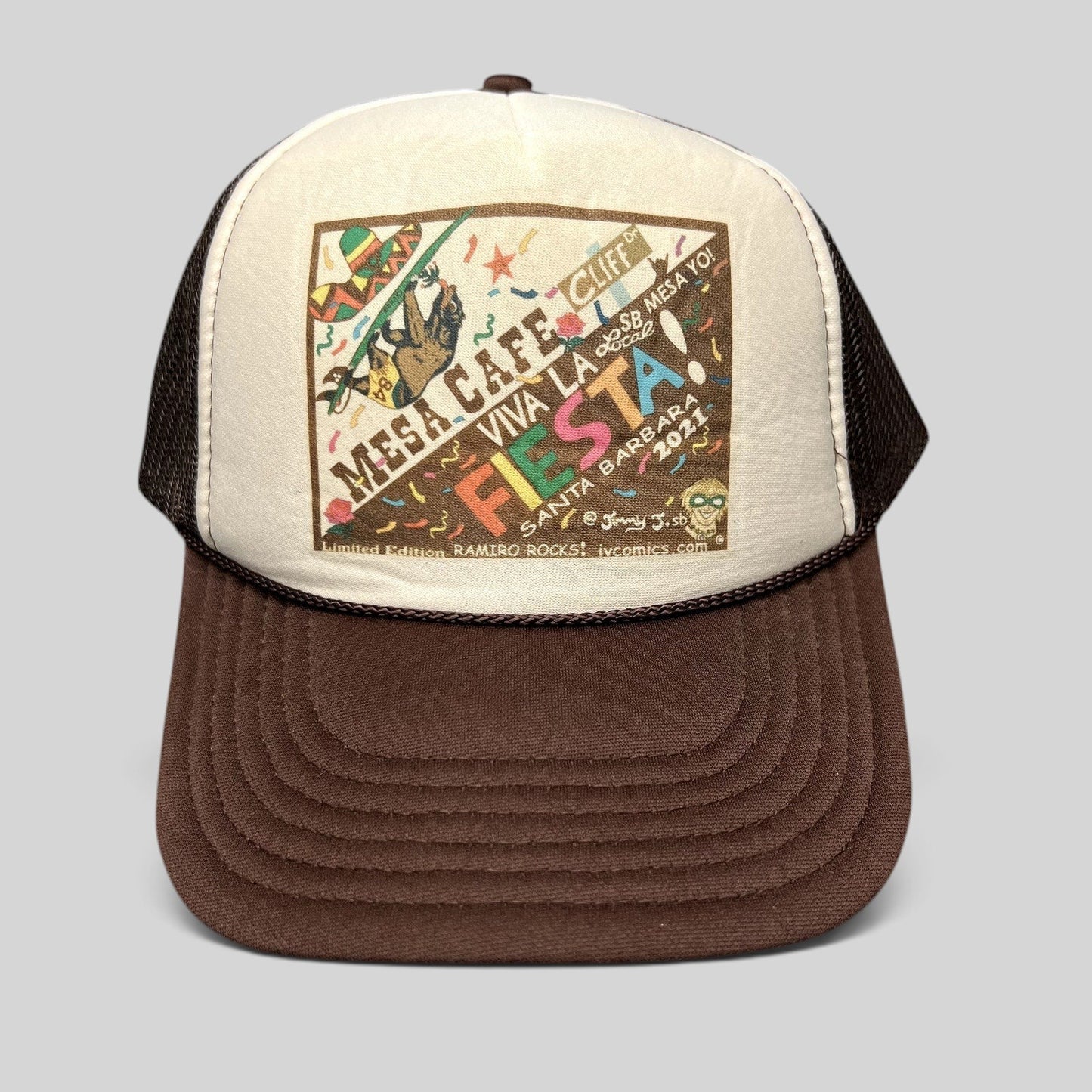 Raree Finds brown and cream trucker snapback hat with Santa Barbara Fiesta 2021 graphic print and mesh back