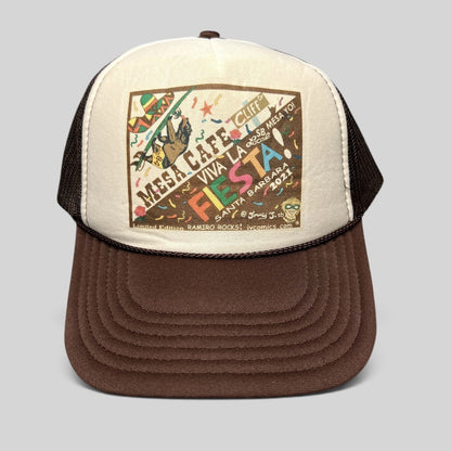 Raree Finds brown and cream trucker snapback hat with Santa Barbara Fiesta 2021 graphic print and mesh back