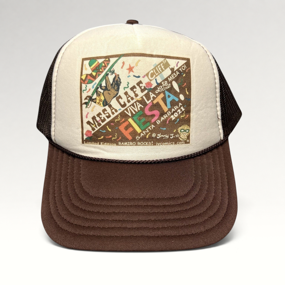 Raree Finds brown and cream trucker snapback hat with Santa Barbara Fiesta 2021 graphic print and mesh back