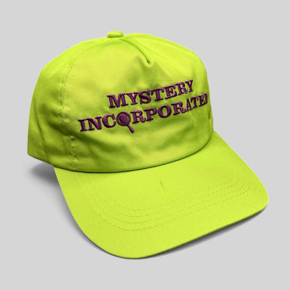 Raree Finds Scooby-Doo Mystery Incorporated lime green snapback hat with purple embroidered lettering on the crown.