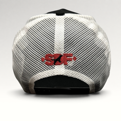 Raree Finds New Era 9FORTY trucker hat back view featuring white mesh panels and red embroidered SDF logo