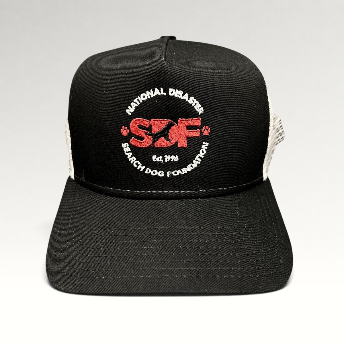 Raree Finds New Era 9FORTY trucker hat with black front, white mesh back, and embroidered SDF logo on the crown.