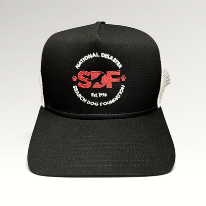Raree Finds New Era 9FORTY trucker hat with black front, white mesh back, and embroidered SDF logo on the crown.