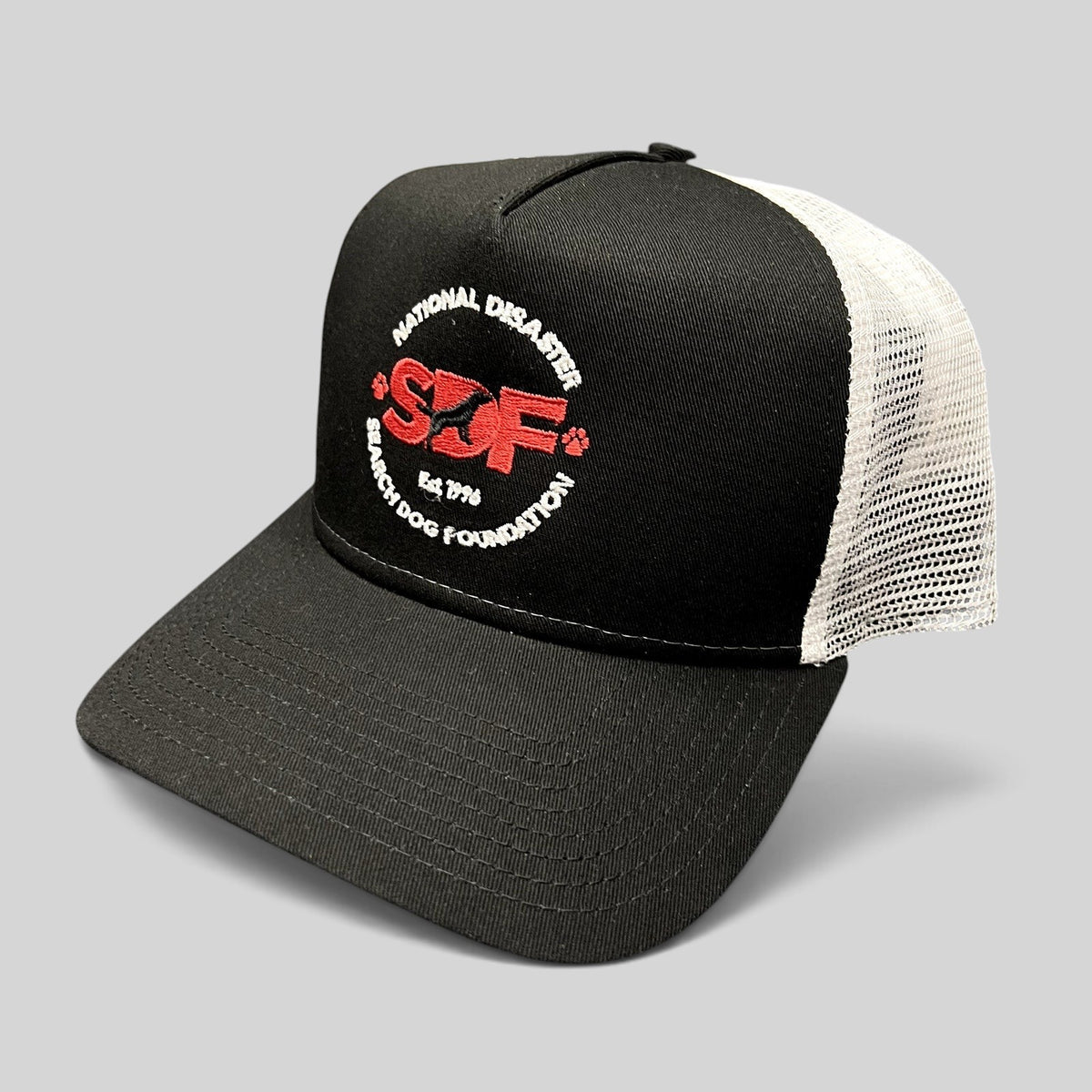 Raree Finds New Era 9FORTY trucker hat with black front, white mesh back, and embroidered SDF logo on the crown.