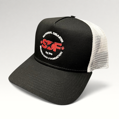 Raree Finds New Era 9FORTY trucker hat featuring a black front, white mesh back, and embroidered SDF logo.