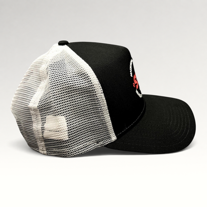 Raree Finds New Era 9FORTY SDF trucker snapback hat in black and white with an embroidered search dog foundation logo.