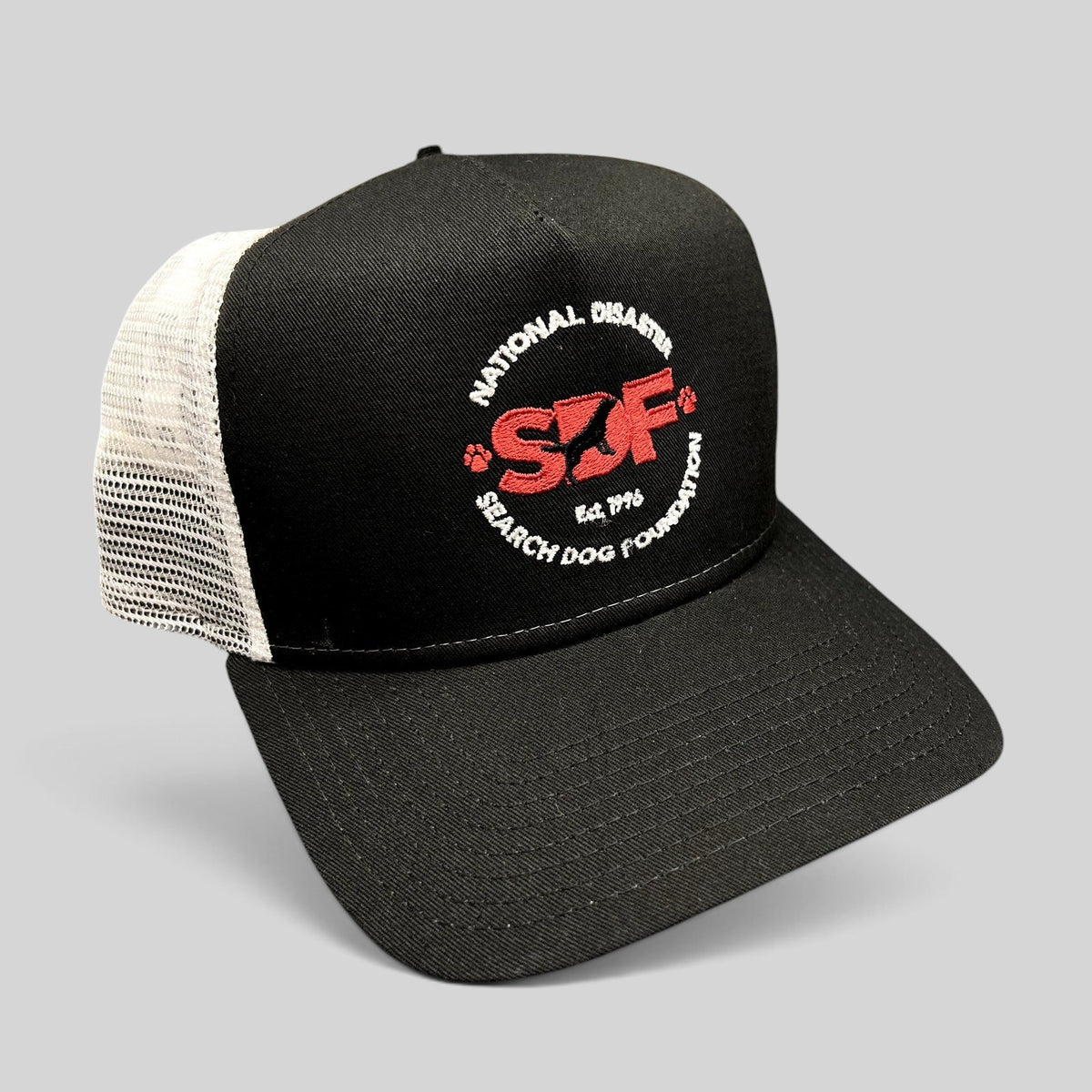 Raree Finds New Era 9FORTY trucker hat with black front, white mesh back, and embroidered SDF logo on the front.