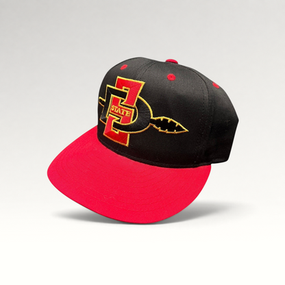 Raree Finds vintage Eclipse San Diego State Aztecs snapback hat in black and red cotton with embroidered spear logo.