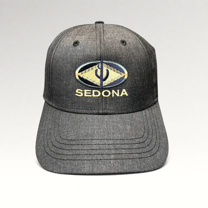 Raree Finds vintage sun-faded black cotton strapback hat with colorful embroidered Sedona Arizona logo