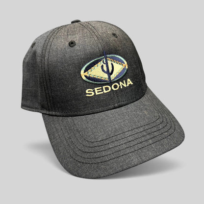 Raree Finds vintage sun-faded black cotton strapback hat with colorful Sedona Arizona Southwestern logo embroidery