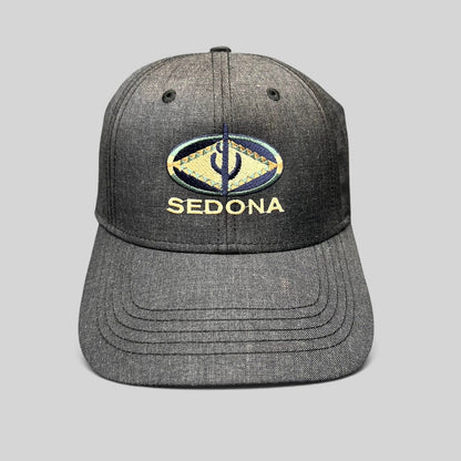 Raree Finds vintage sun-faded black cotton strapback hat with colorful Sedona Arizona Southwestern logo embroidery