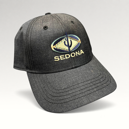 Raree Finds vintage sun-faded black cotton strapback hat with Sedona Arizona embroidered Southwestern logo