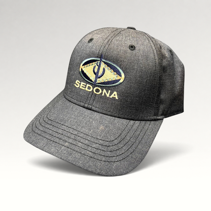 Raree Finds vintage sun-faded black cotton strapback hat with colorful embroidered Sedona Arizona desert logo