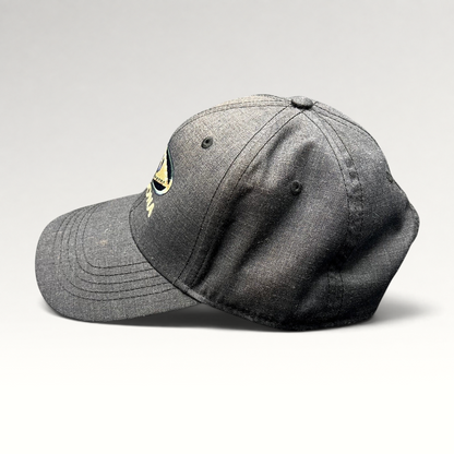 Raree Finds vintage sun-faded black cotton strapback hat with Sedona Arizona embroidered logo, side profile view.