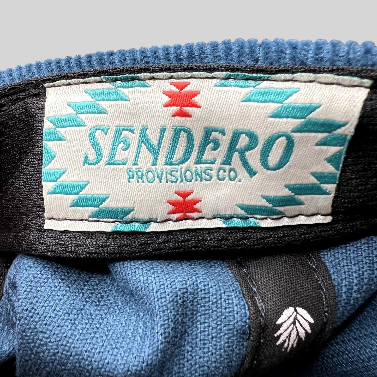 Raree Finds Sendero Provisions Co corduroy hat interior label with Southwest pattern and leaf logo detail