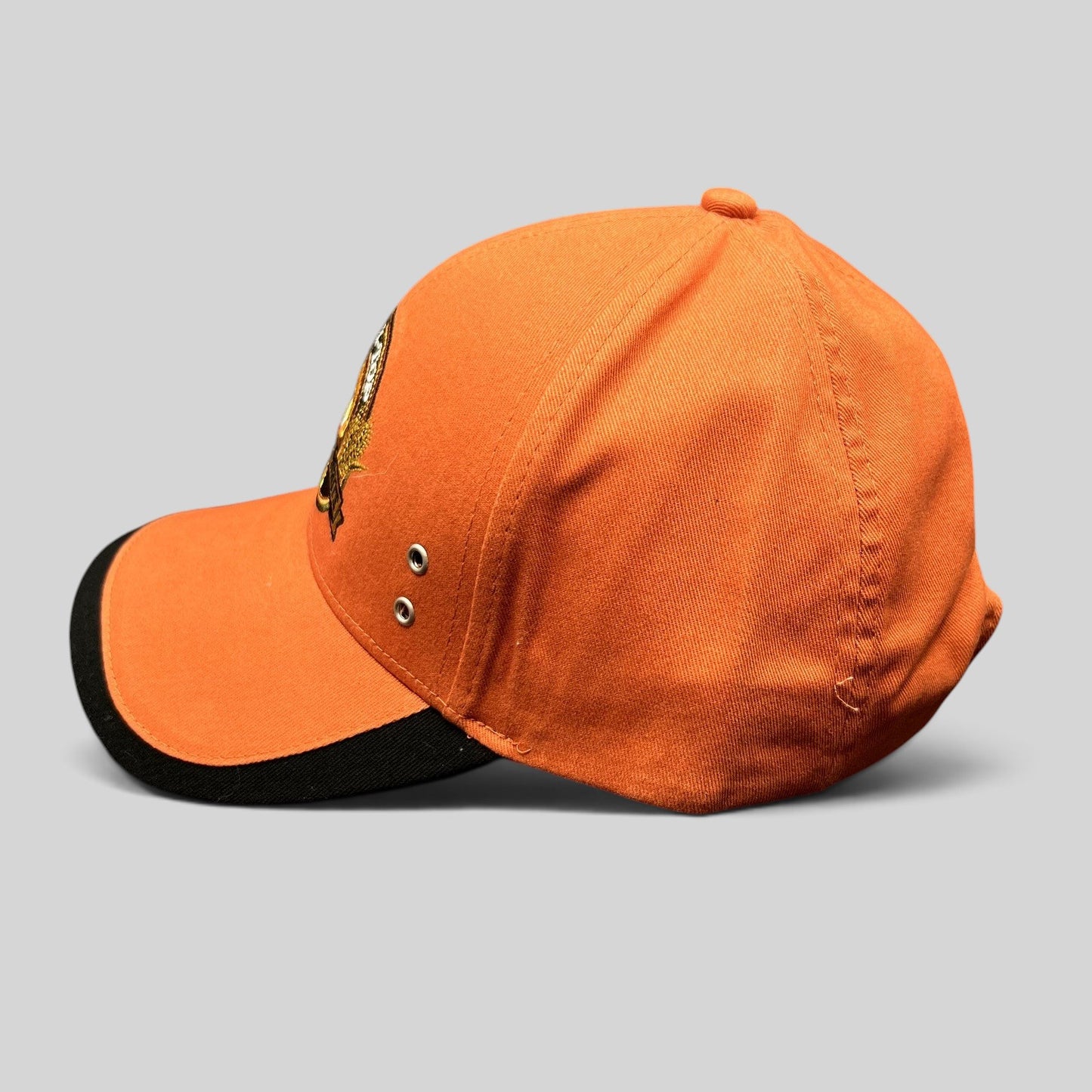 Raree Finds orange and black Shock Top Belgian White cotton strapback hat with embroidered brewery logo side view