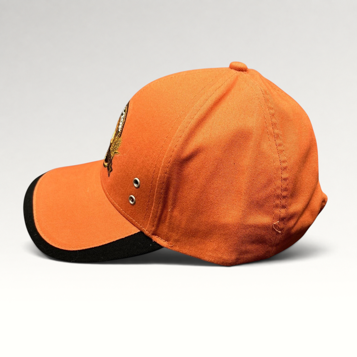 Raree Finds Shock Top orange cotton strapback hat with black sandwich bill and embroidered brewery mascot logo