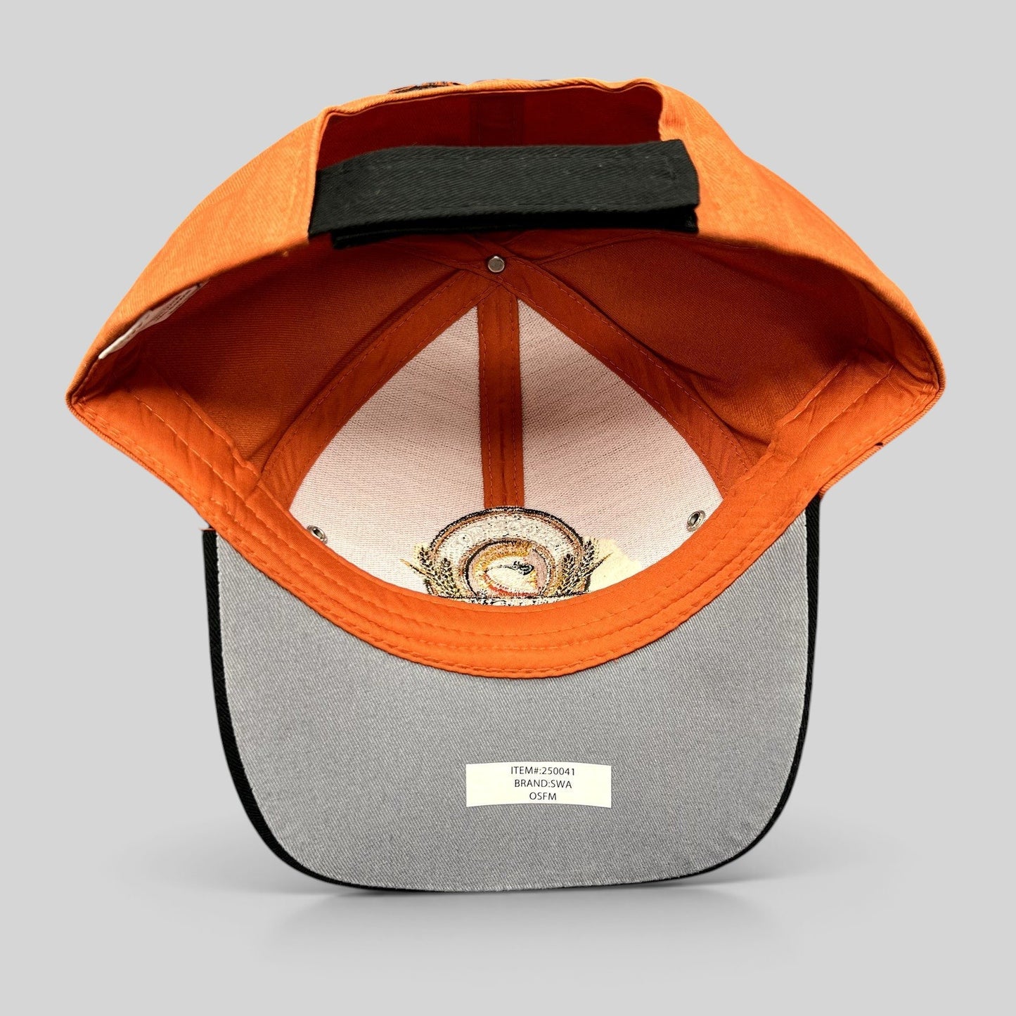 Raree Finds Shock Top Belgian White orange cotton strapback hat with interior view showing embroidered logo