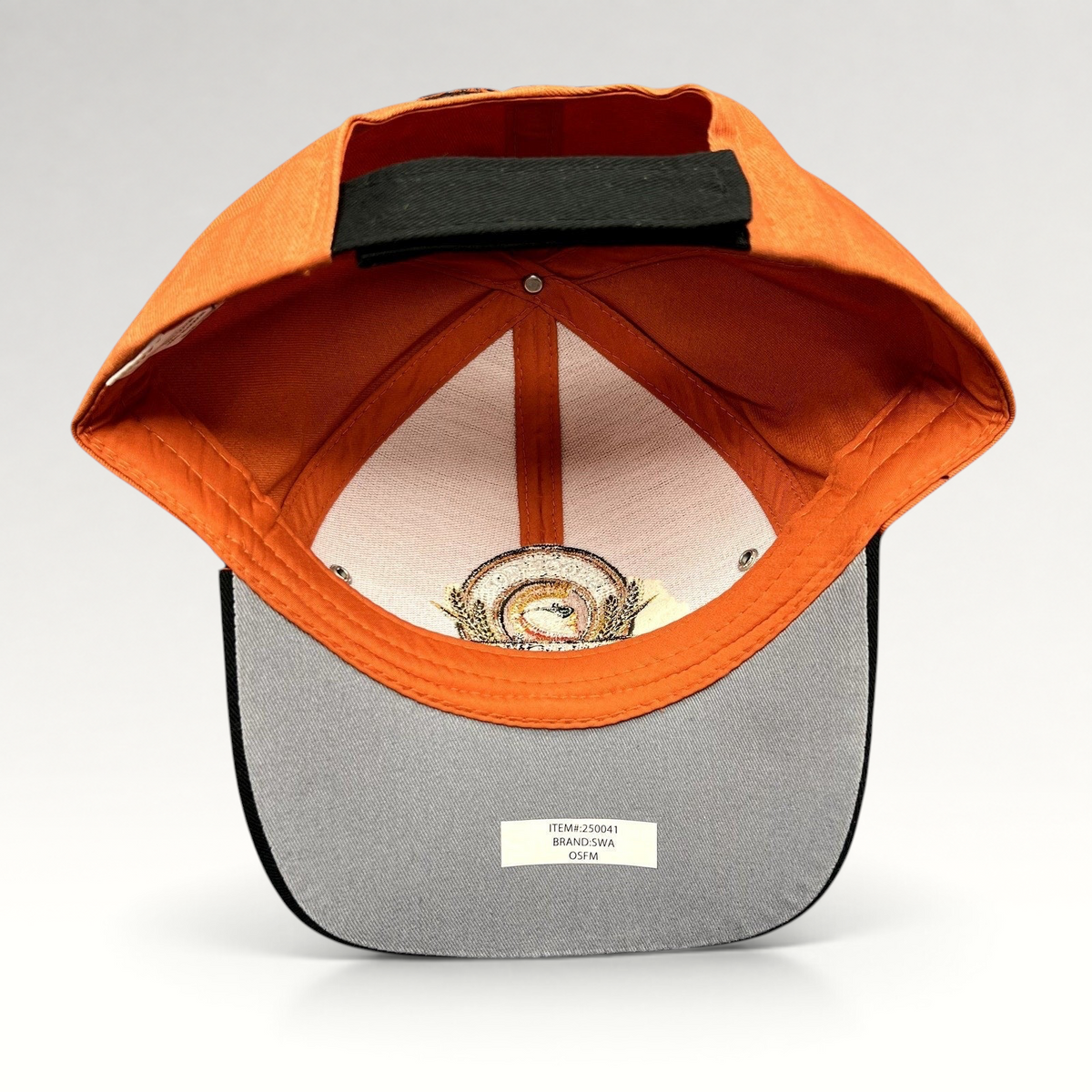 Raree Finds Shock Top Belgian White orange cotton strapback hat showing the interior construction and logo embroidery