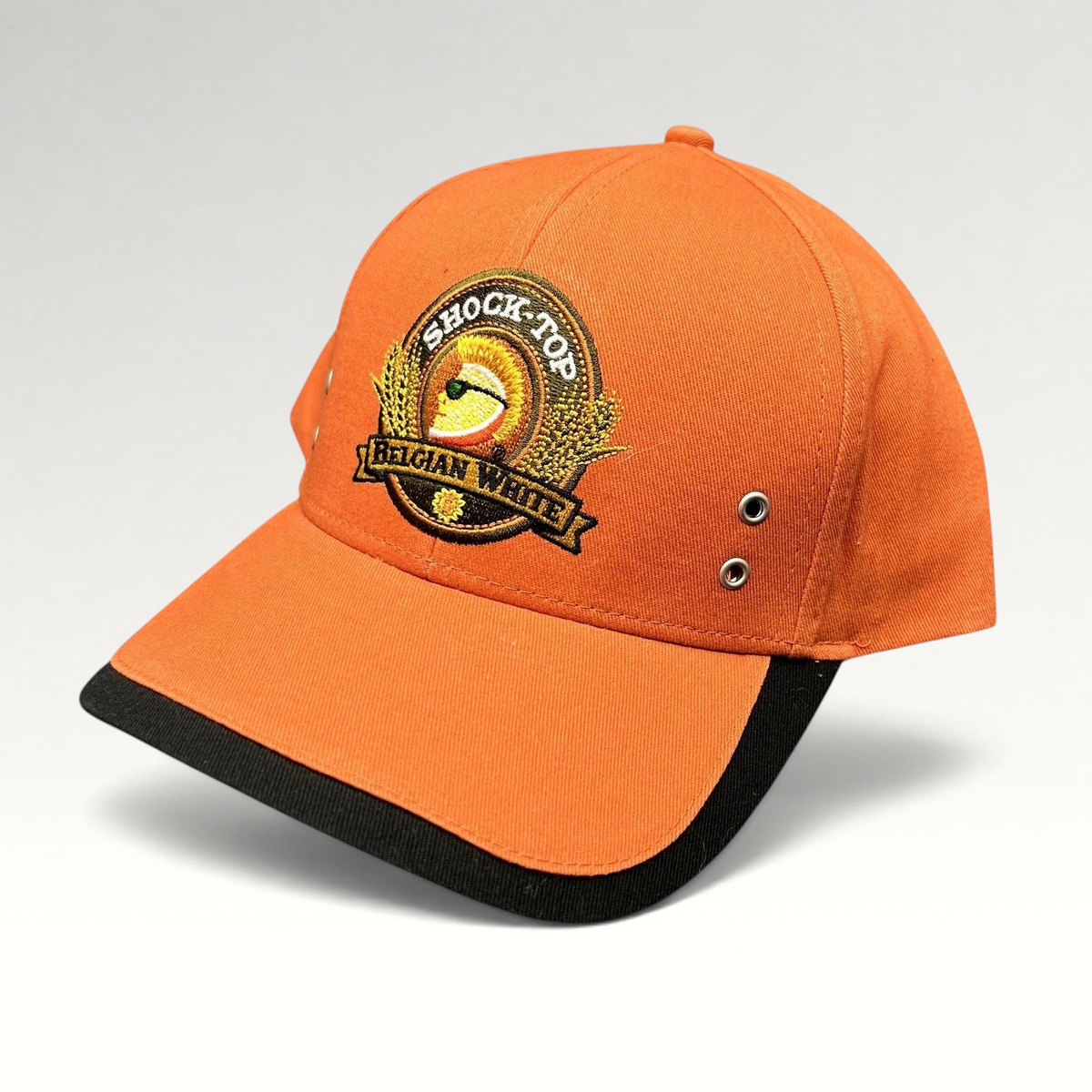 Raree Finds orange cotton strapback hat with embroidered Shock Top Belgian White brewery logo and black sandwich bill