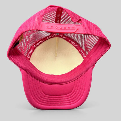 Raree Finds Shyanne pink trucker hat interior view showing mesh back, adjustable snapback, and branded inner tape.