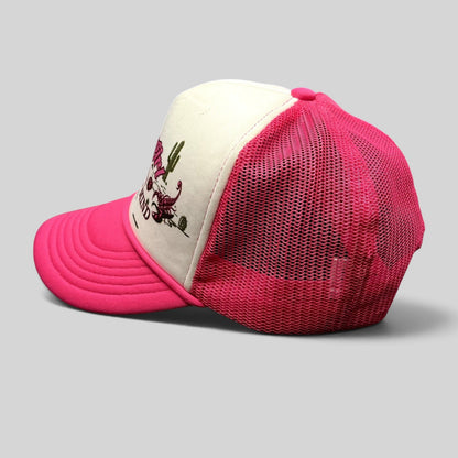 Raree Finds Shyanne pink and white trucker hat with Cowgirl State of Mind desert graphic and mesh back