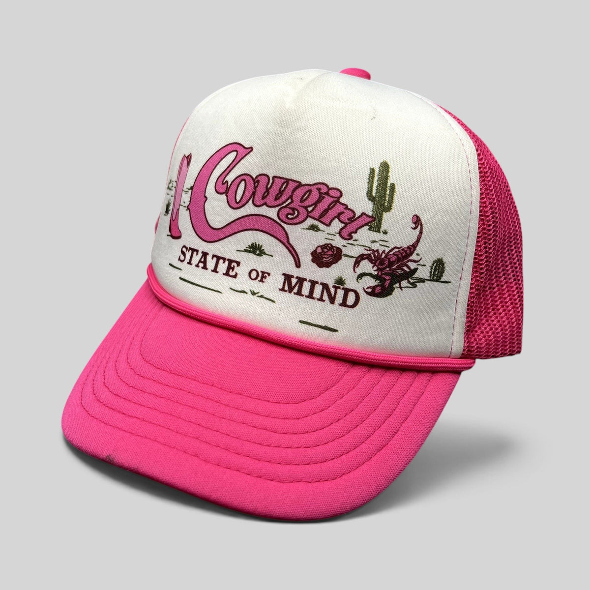 Raree Finds Shyanne pink and white trucker hat with Cowgirl State of Mind desert graphic and mesh back