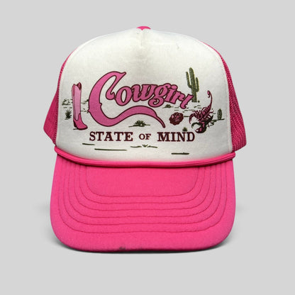 Raree Finds Shyanne pink and white trucker hat with Cowgirl State of Mind desert graphic and mesh back