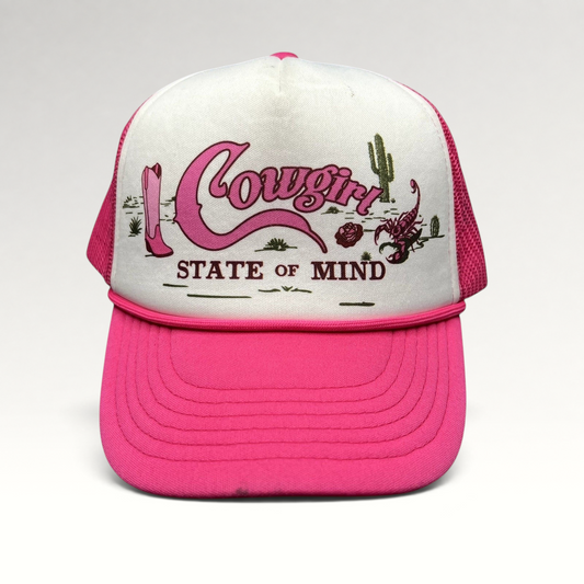 Raree Finds Shyanne pink and white trucker hat with Cowgirl State of Mind desert graphic and mesh back