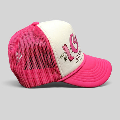 Raree Finds Shyanne pink and white trucker hat with Cowgirl State of Mind western desert graphic and mesh back