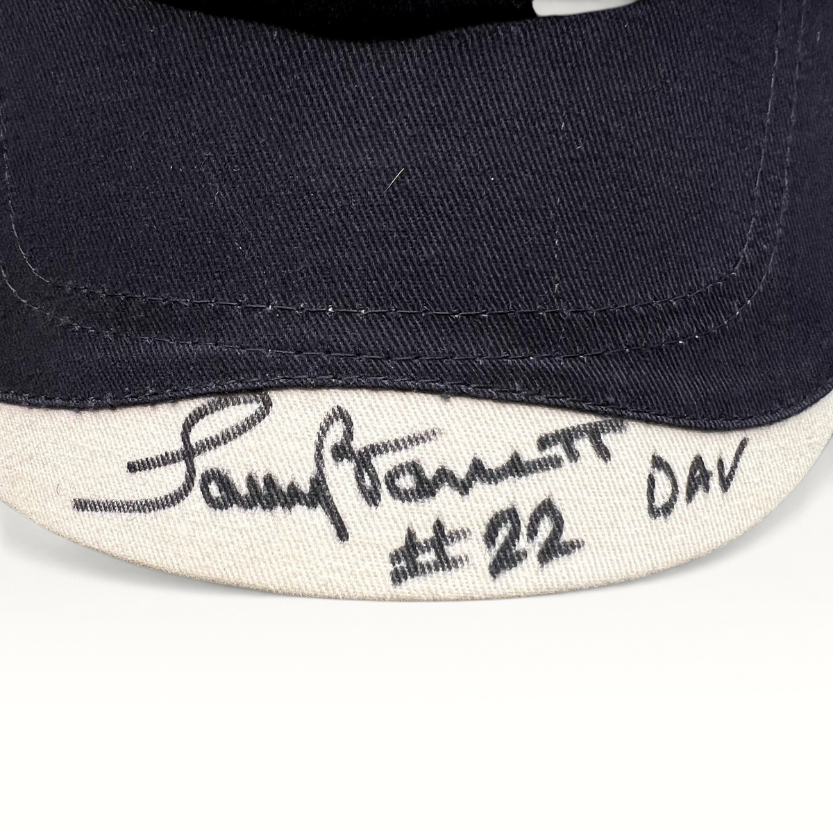 Raree Finds Cap America navy and cream strapback hat with a signed brim reading #22 DAV
