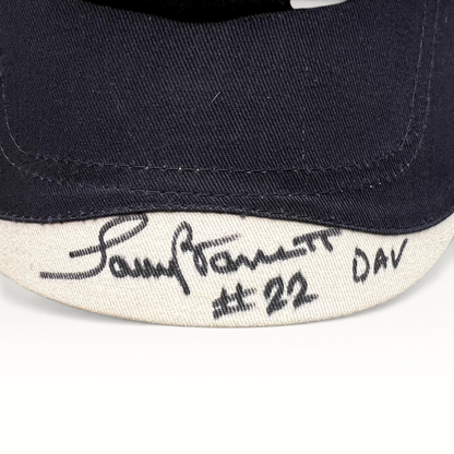 Raree Finds Cap America navy and cream strapback hat with a signed brim reading #22 DAV