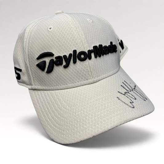 Raree Finds white TaylorMade New Era 39THIRTY golf hat signed by Matt Wolff on the brim with black embroidery