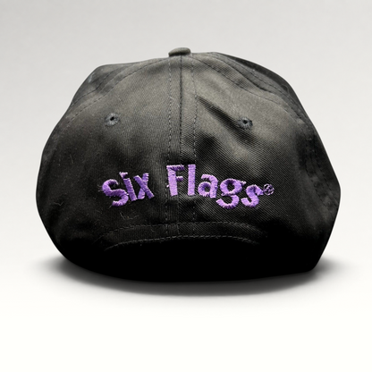 Raree Finds vintage 90s black snapback hat with purple embroidered Six Flags logo on the back