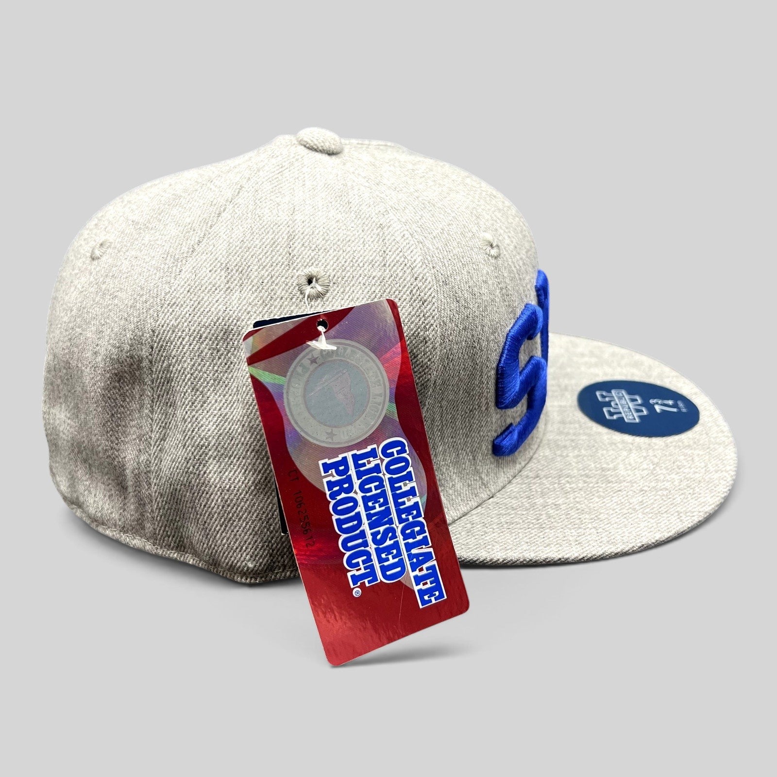 Raree Finds SMU Mustangs heather gray fitted cap with royal blue raised embroidery and flat brim, new with tags