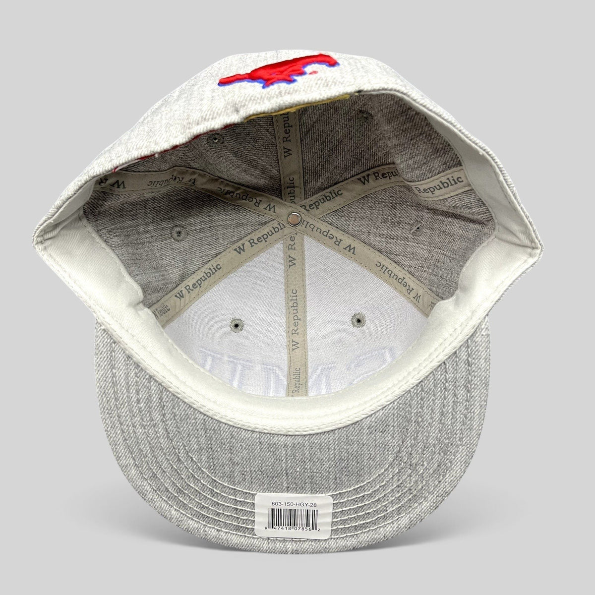 Interior view of a Raree Finds SMU Mustangs heather gray fitted hat showing branded taping and structured crown.