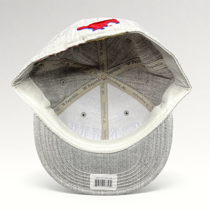 Interior view of a Raree Finds SMU Mustangs heather gray fitted hat showing branded taping and structured crown.
