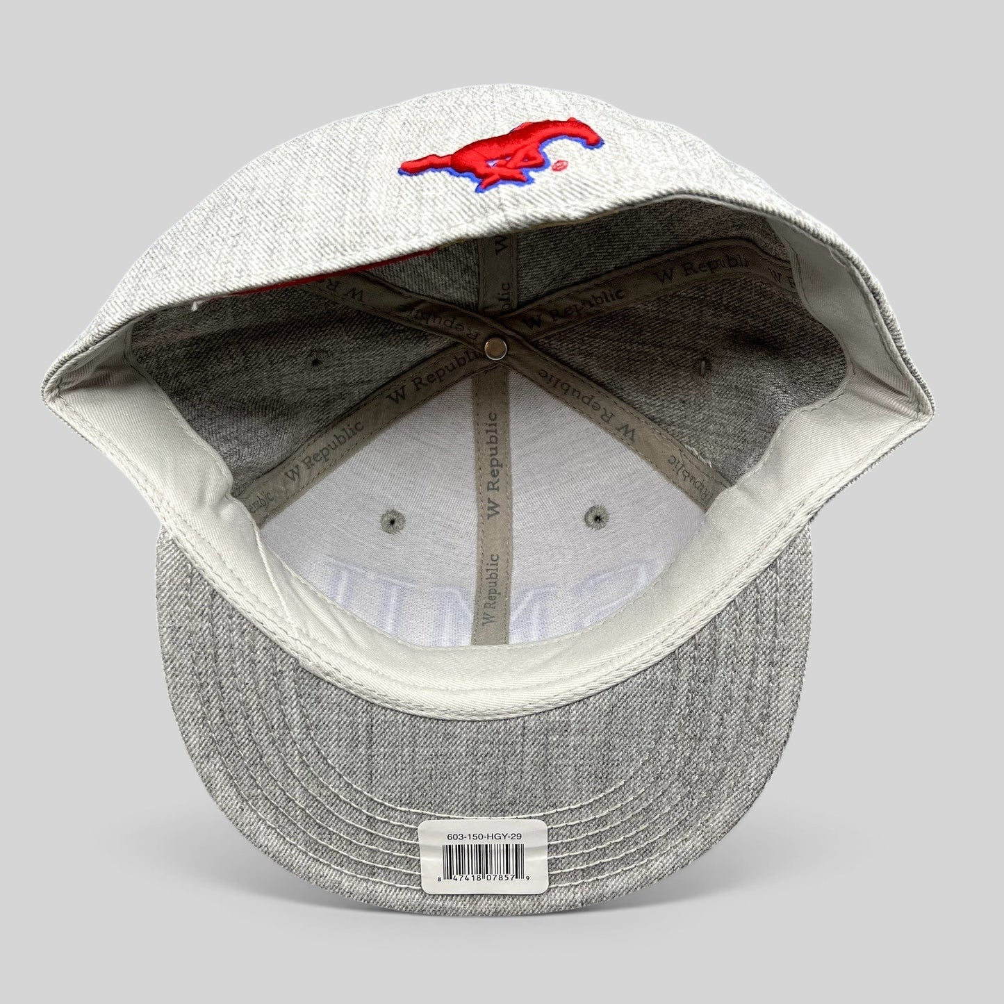 Raree Finds W Republic SMU Mustangs fitted hat interior showing heather gray fabric and red embroidered pony logo