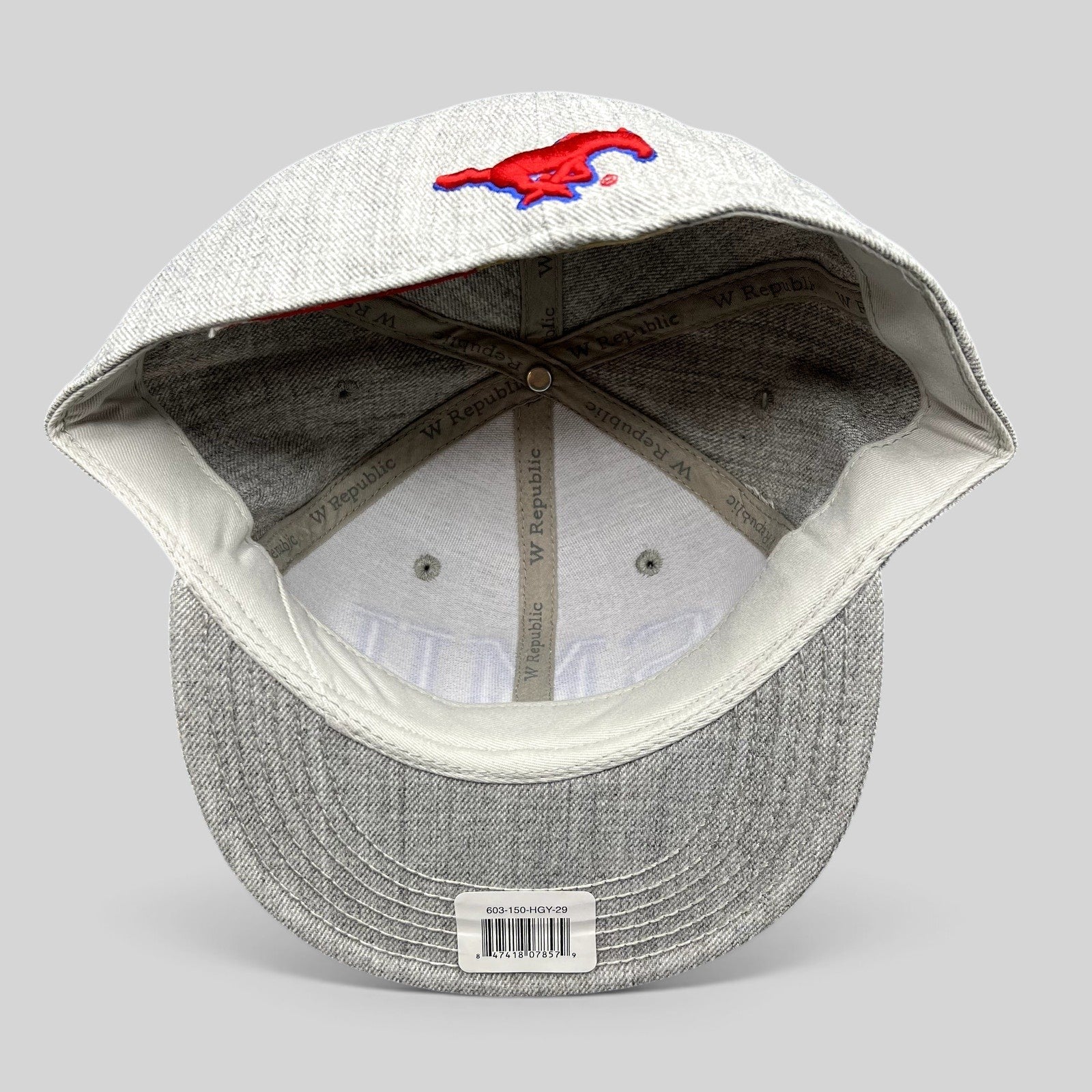 Raree Finds W Republic SMU Mustangs fitted hat interior showing heather gray fabric and red embroidered pony logo