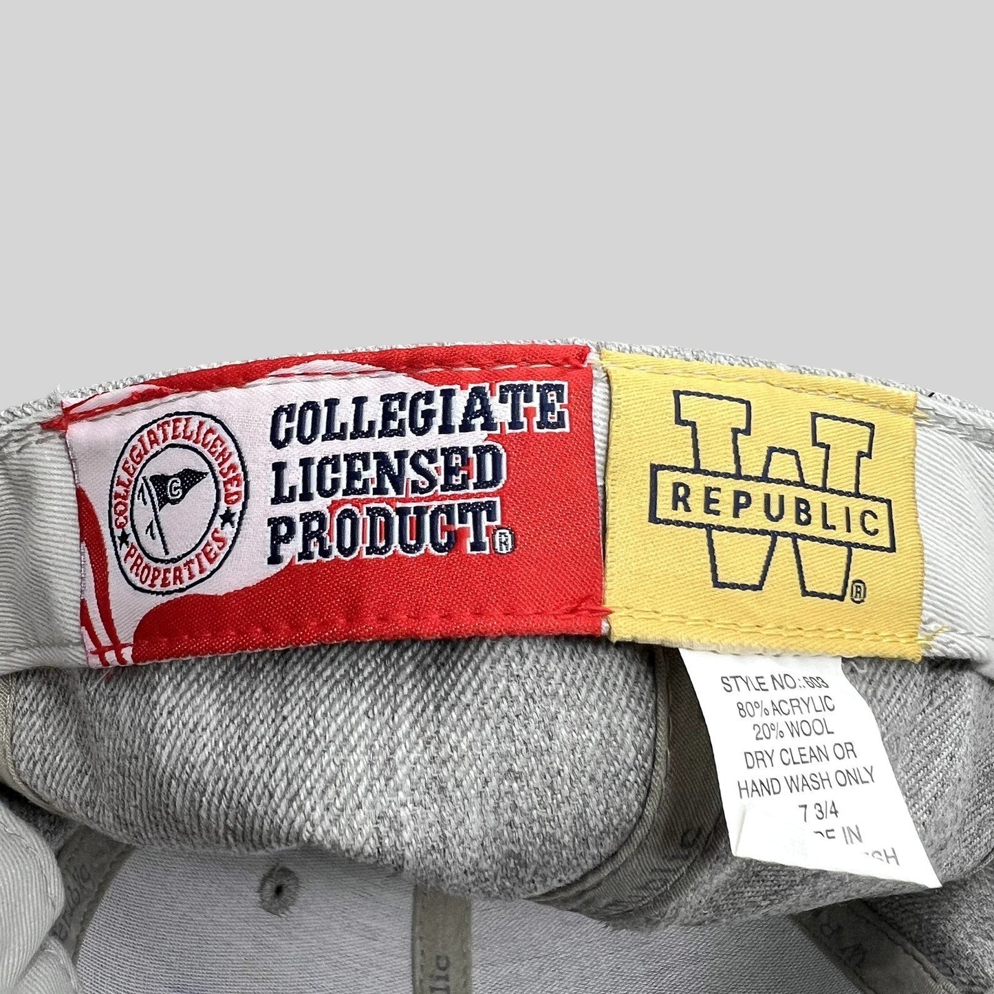 Raree Finds W Republic SMU Mustangs fitted hat interior tags showing collegiate licensed product and material details