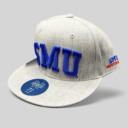 Raree Finds W Republic SMU Mustangs fitted hat in heather gray with royal blue raised embroidery and flat brim.