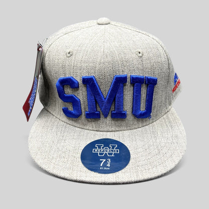 Raree Finds SMU Mustangs fitted hat in heather gray with royal blue raised embroidery and flat brim, size 7 3/4.
