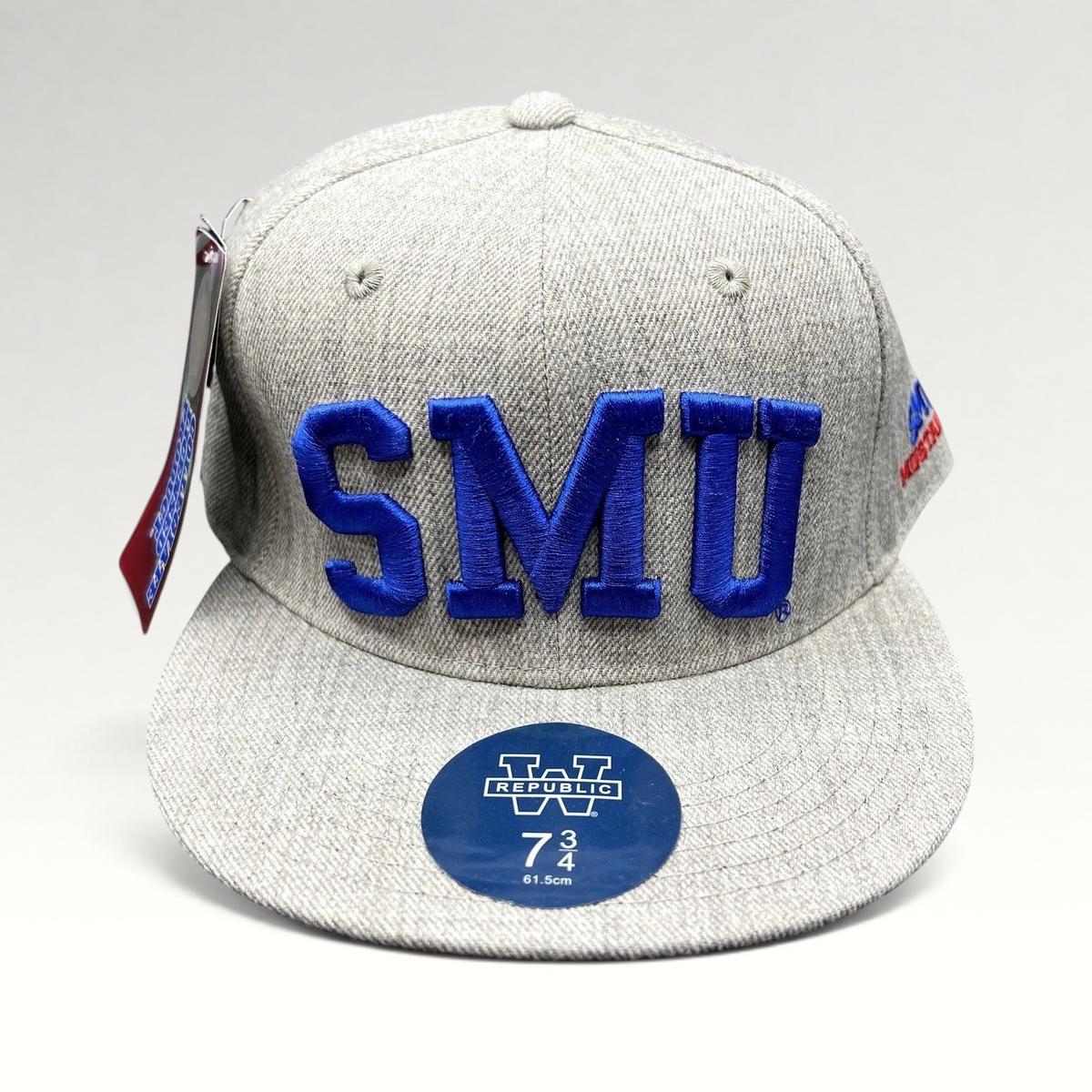 Raree Finds SMU Mustangs fitted hat in heather gray with royal blue raised embroidery and flat brim, size 7 3/4.