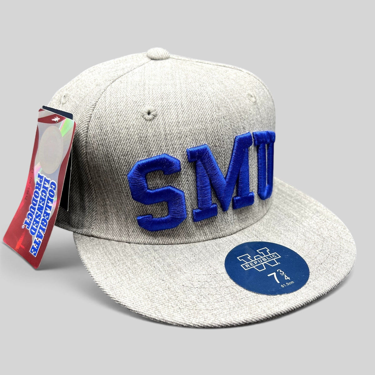 Raree Finds SMU Mustangs fitted cap in heather gray with royal blue raised embroidery and flat brim, new with tags.