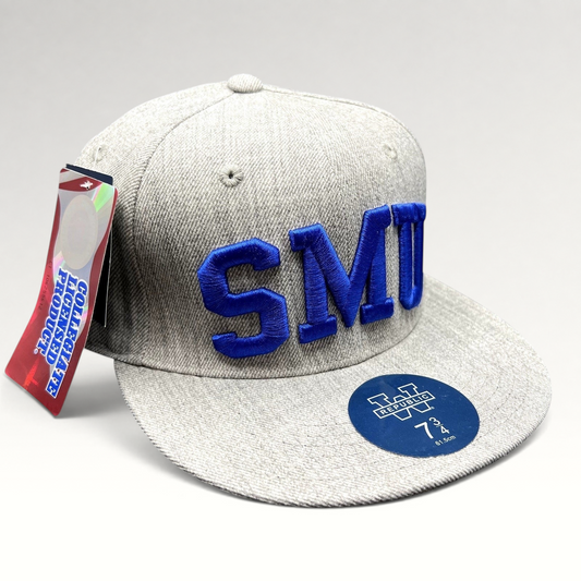 Raree Finds SMU Mustangs fitted cap in heather gray with royal blue raised embroidery and flat brim, new with tags.